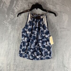Michael Kors Womens Tankini Swim Top XS Navy Printed Blouson High Neck Chain NWT